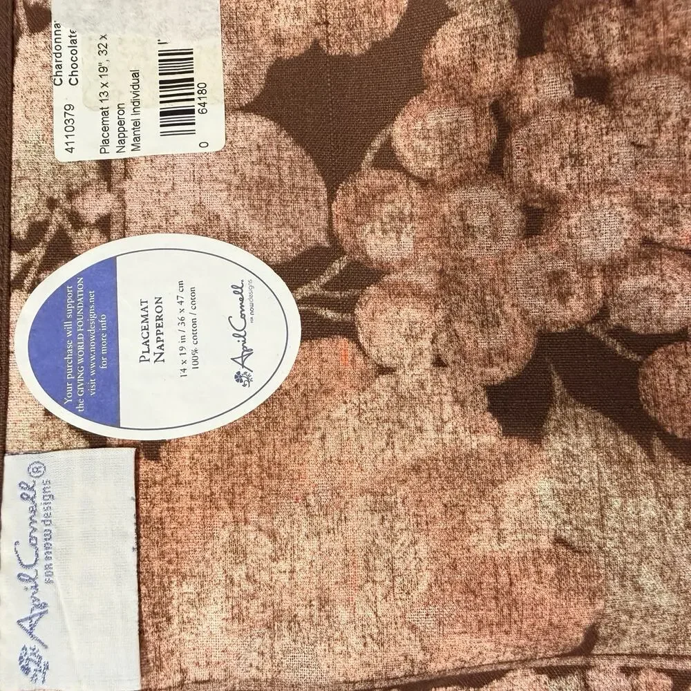 April Cornell Set of 4 Floral Cotton Placemats 14x19 Pink Chardonnay Chocolate